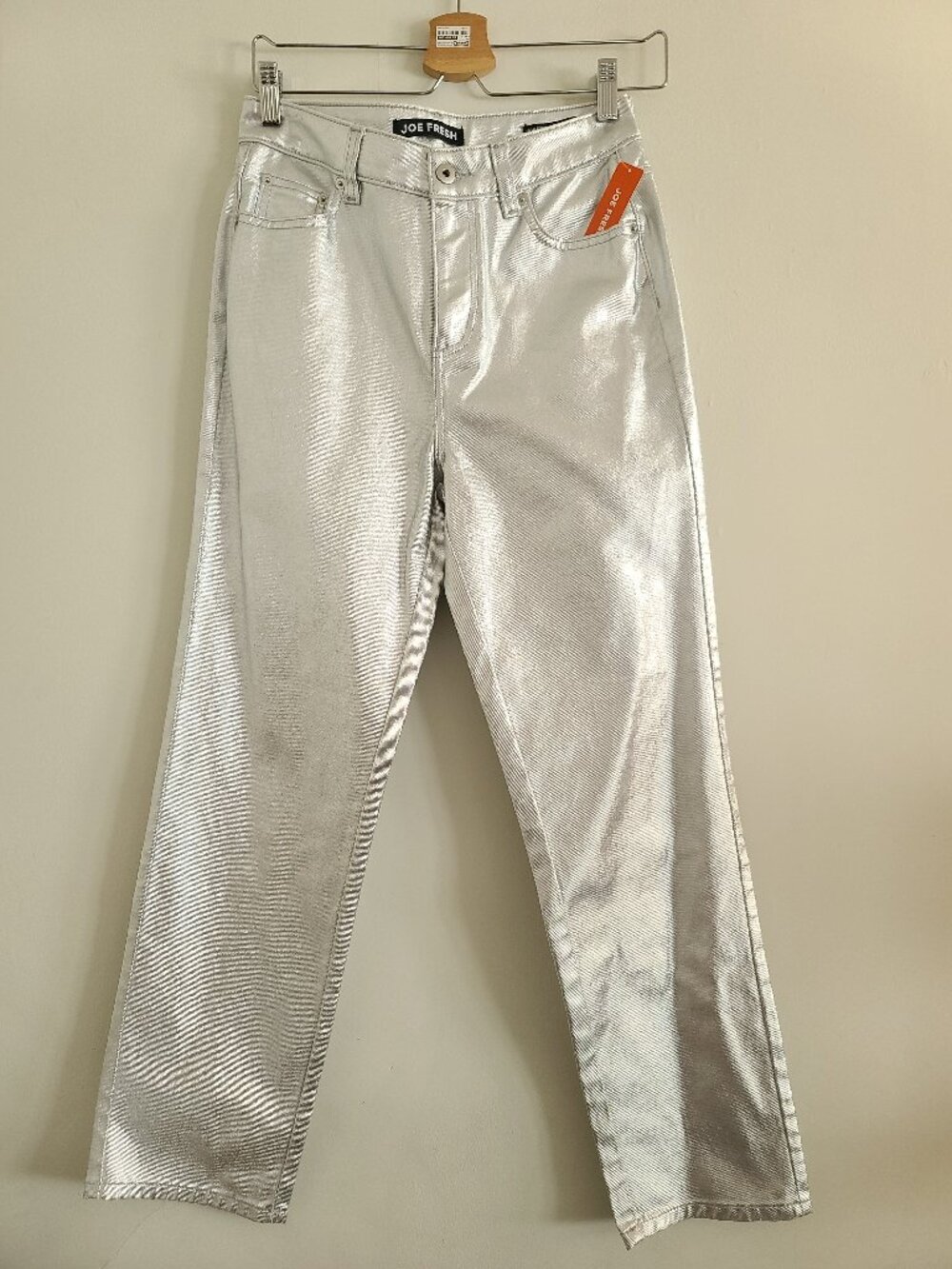 NWT Joe Fresh Metallic Silver Coated High Rise Straight Jeans - Size 2